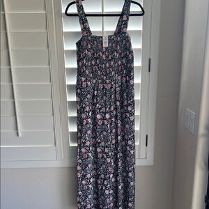 LOFT Black Floral Smocked Jumpsuit with Pink Flowers